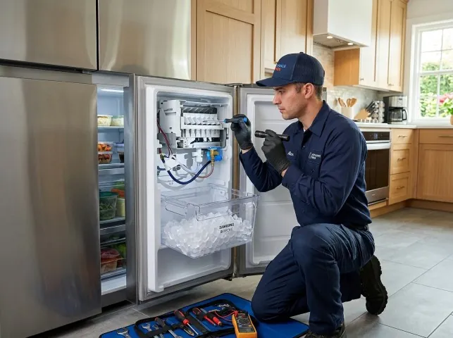 Appliance Repair Hero technician repairing a refrigerator ice maker in Burbank, IL